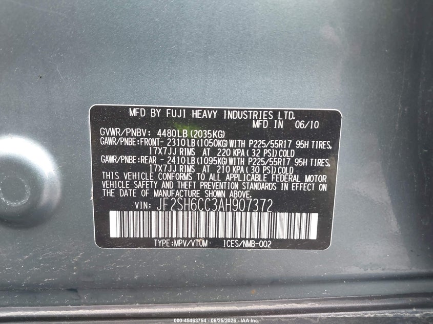 2010 Subaru Forester VIN JF2SH6CC3AH907372 IAAI salvage auction — FRONT END, Mv-907A (New York), sold $25 on 2026-07-29 (photo 9)
