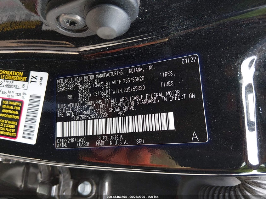 2022 Toyota Highlander VIN 5TDFZRBH2NS190556 IAAI salvage auction — FRONT END, Salvage Title, sold $16,650 on 2026-07-16 (photo 9)