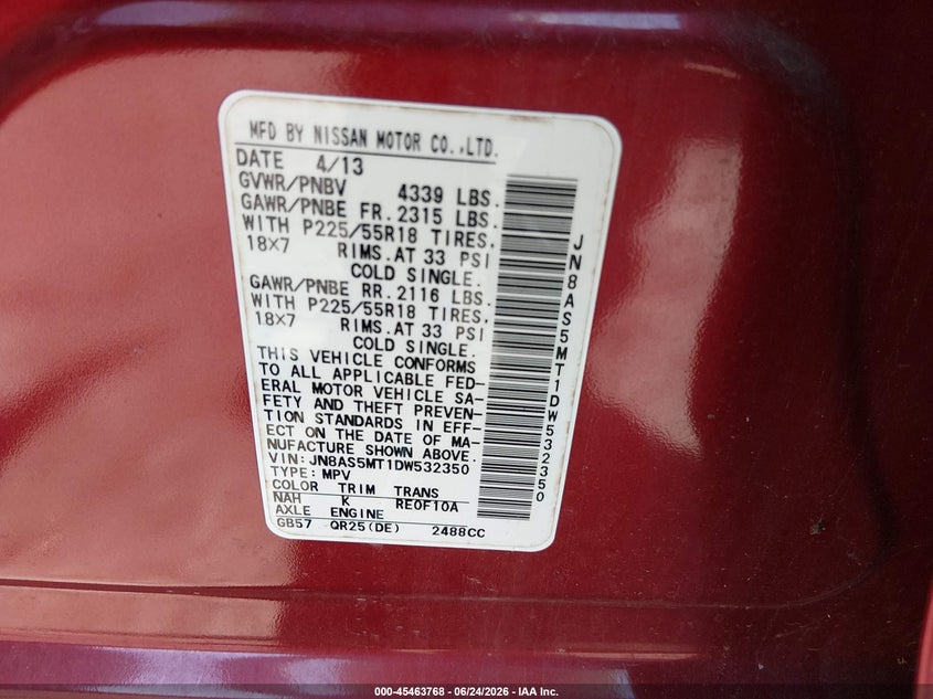2013 Nissan Rogue VIN JN8AS5MT1DW532350 IAAI salvage auction — FRONT END, Salvage Title, sold $125 on 2026-07-28 (photo 9)