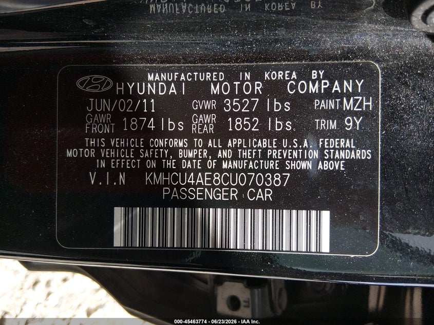 2012 Hyundai Accent VIN KMHCU4AE8CU070387 IAAI salvage auction — LEFT FRONT, Salvage Title, sold $400 on 2026-07-29 (photo 9)