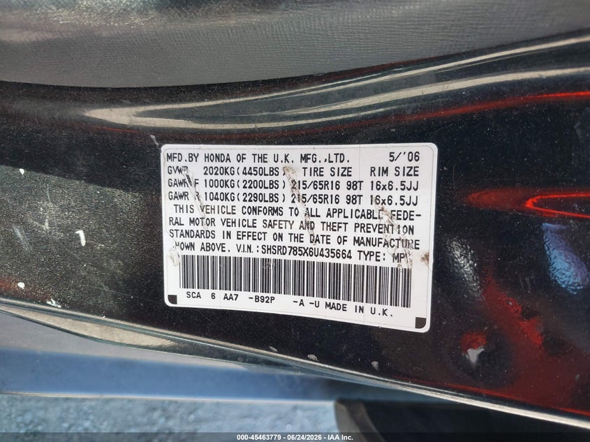 2006 Honda Cr-v VIN SHSRD785X6U435664 IAAI salvage auction — LEFT SIDE, Salvage - Greater Than 75% (Maryland), sold $800 on 2026-07-22 (photo 9)