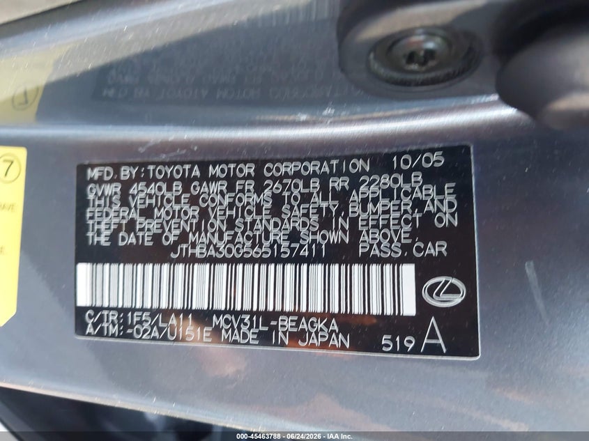 2006 Lexus ES VIN JTHBA30G565157411 IAAI salvage auction — FRONT END, Salvage - Greater Than 75% (Maryland), sold $375 on 2026-07-15 (photo 9)