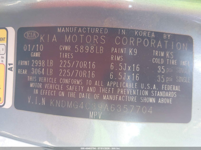 2010 Kia SEDONA VIN KNDMG4C39A6357704 IAAI salvage auction — NORMAL WEAR, Clear (New Mexico), sold $300 on 2026-07-29 (photo 9)