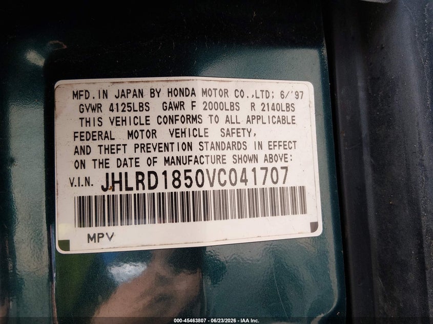 1997 Honda Cr-v VIN JHLRD1850VC041707 IAAI salvage auction — LEFT FRONT, Junk Bill Of Sale Mv2459 (Wisconsin), sold $250 on 2026-07-22 (photo 9)