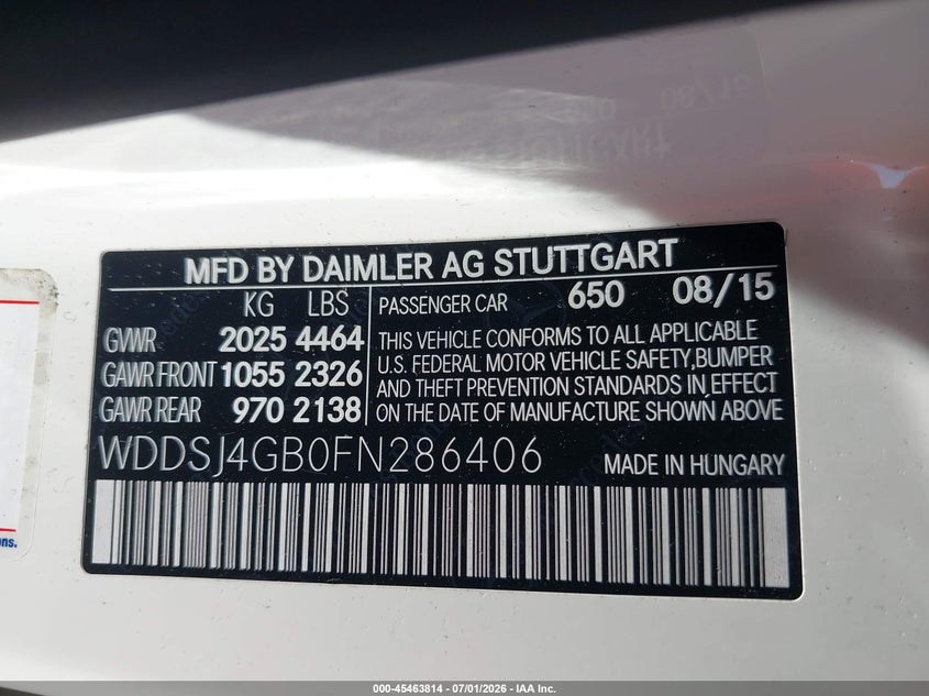 2015 Mercedes-benz VIN WDDSJ4GB0FN286406 IAAI salvage auction — FRONT END, Wait Title, sold $3,000 on 2026-08-19 (photo 9)