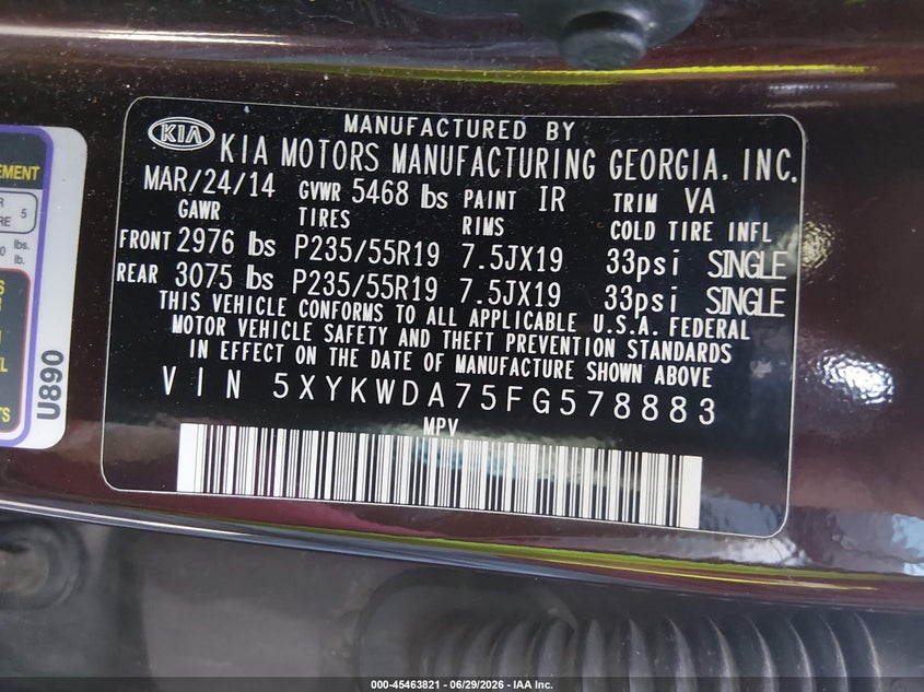 2015 Kia Sorento VIN 5XYKWDA75FG578883 IAAI salvage auction — NORMAL WEAR, Repossession Paperwork (South Carolina), sold $650 on 2026-07-22 (photo 9)
