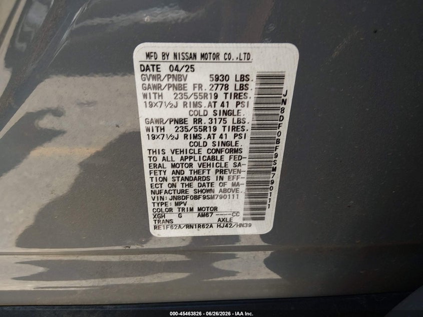 2025 Nissan Ariya VIN JN8DF0BF9SM790111 IAAI salvage auction — REAR END, Salvage Title, sold $25,000 on 2026-09-22 (photo 9)