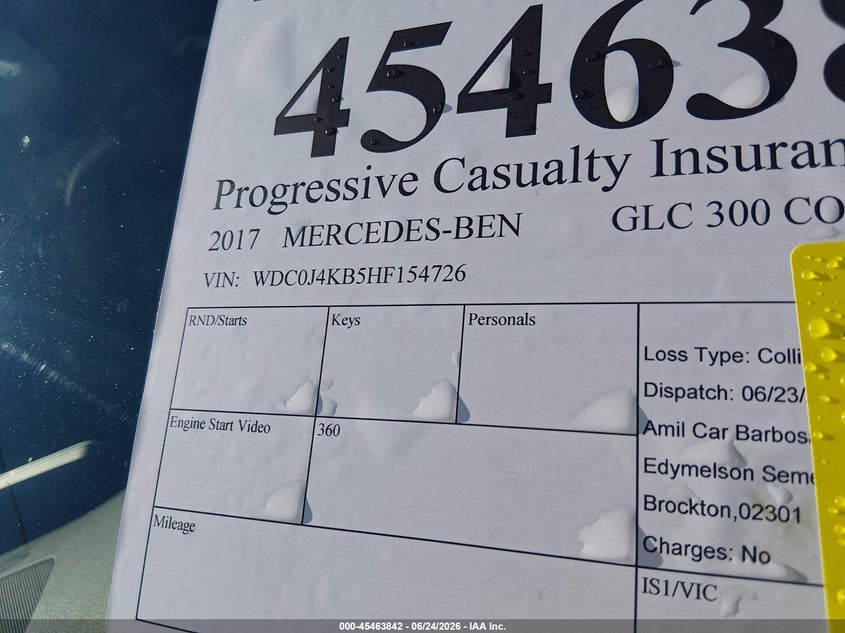 2017 Mercedes-benz Glc coupe VIN WDC0J4KB5HF154726 IAAI salvage auction — SIDE, Salvage (Massachusetts), sold $7,000 on 2026-08-08 (photo 9)