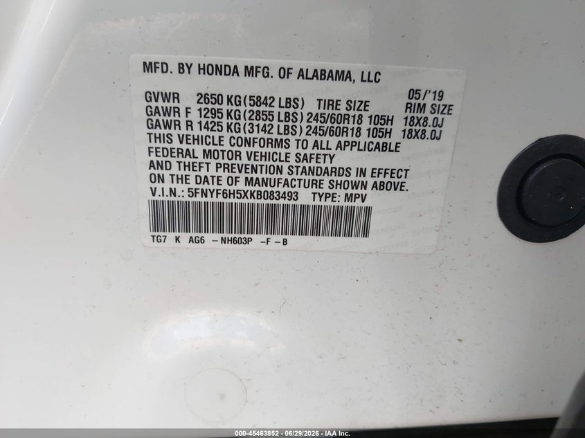 2019 Honda Pilot VIN 5FNYF6H5XKB083493 IAAI salvage auction — FRONT END, Salvage (Tennessee), sold $3,700 on 2026-07-22 (photo 9)