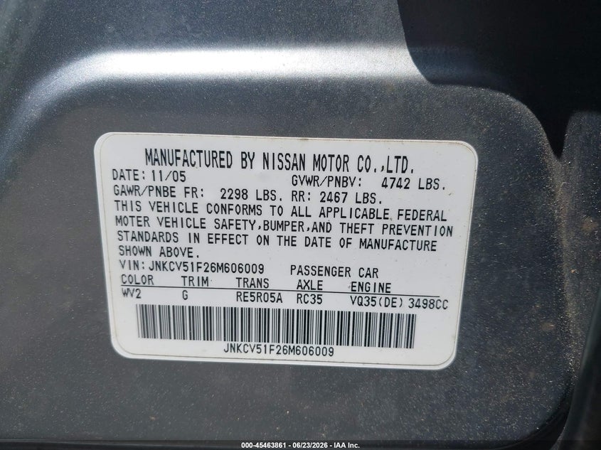 2006 Infiniti G VIN JNKCV51F26M606009 IAAI salvage auction — MECHANICAL, Clear (Georgia), sold $250 on 2026-07-17 (photo 9)