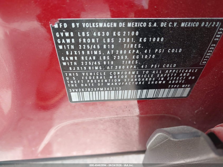 2023 Volkswagen Taos VIN 3VV2X7B2XPM343113 IAAI salvage auction — REAR END, Salvage (North Carolina), sold $11,300 on 2026-07-09 (photo 9)
