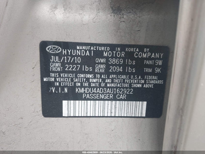 2010 Hyundai Elantra VIN KMHDU4AD3AU162922 IAAI salvage auction — NORMAL WEAR, Clear (Massachusetts), sold $450 on 2026-07-21 (photo 9)