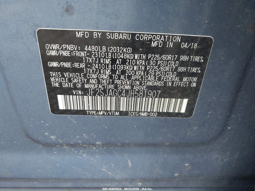 2018 Subaru Forester VIN JF2SJAGC4JH581907 IAAI salvage auction — FRONT END, Salvage Title, sold $350 on 2026-07-28 (photo 9)