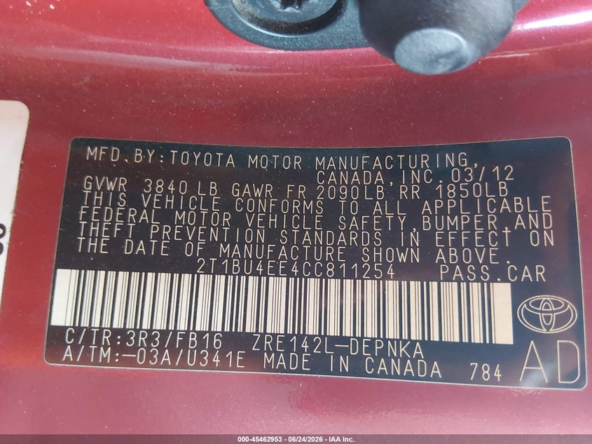 2012 Toyota Corolla VIN 2T1BU4EE4CC811254 IAAI salvage auction — SIDE, Salvage (Arizona), sold $2,000 on 2026-07-09 (photo 9)