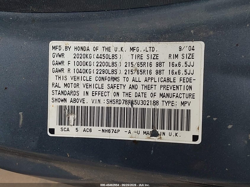 2005 Honda Cr-v VIN SHSRD78965U302188 IAAI salvage auction — NORMAL WEAR, Tribal Title -  Public Restricted (Oklahoma), sold $425 on 2026-07-14 (photo 9)