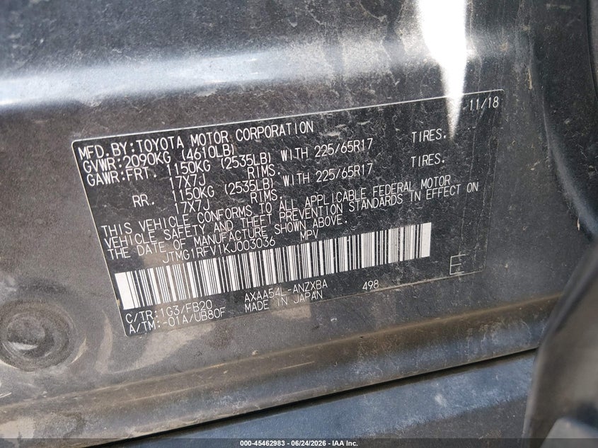 2019 Toyota Rav 4 VIN JTMG1RFV1KJ003036 IAAI salvage auction — ROLLOVER, Salvage Title, sold $2,025 on 2026-07-15 (photo 9)