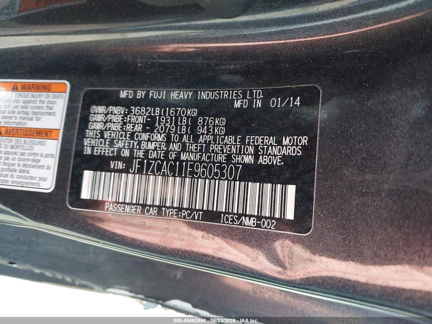 2014 Subaru Brz VIN JF1ZCAC11E9605307 IAAI salvage auction — SIDE, Salvage (California), sold $3,150 on 2026-07-05 (photo 9)