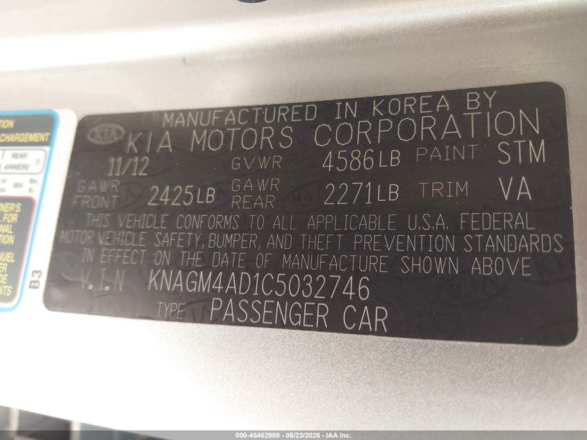 2012 Kia Optima VIN KNAGM4AD1C5032746 IAAI salvage auction — NORMAL WEAR, Clear-Dealer Only (Arizona), sold $875 on 2026-07-09 (photo 9)