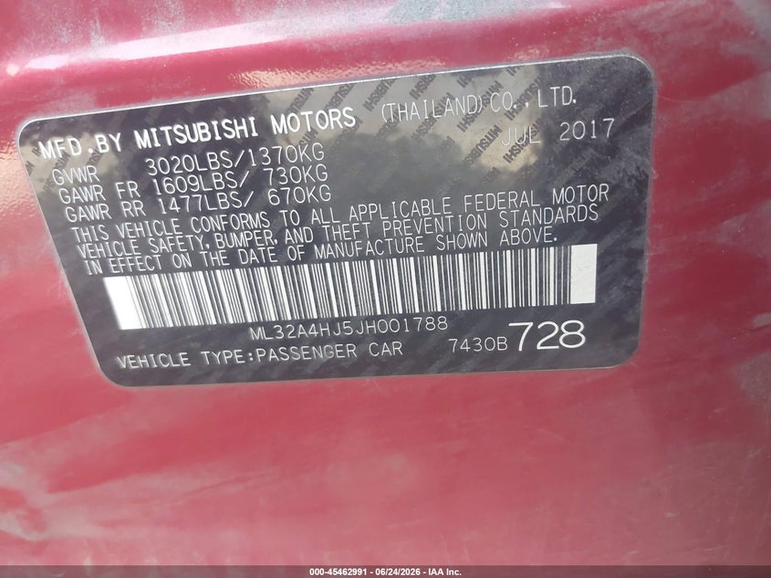 2018 Mitsubishi Mirage VIN ML32A4HJ5JH001788 IAAI salvage auction — LEFT FRONT, Bill Of Sale (Washington), sold $400 on 2026-07-14 (photo 9)