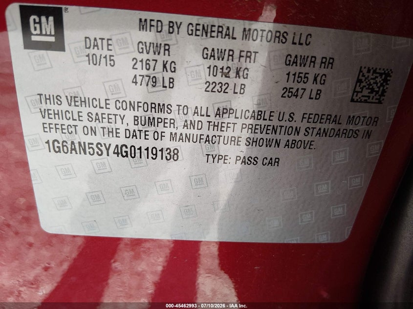 2016 Cadillac Ats-v VIN 1G6AN5SY4G0119138 IAAI salvage auction — THEFT, Original (Texas), sold $15,100 on 2026-07-28 (photo 9)