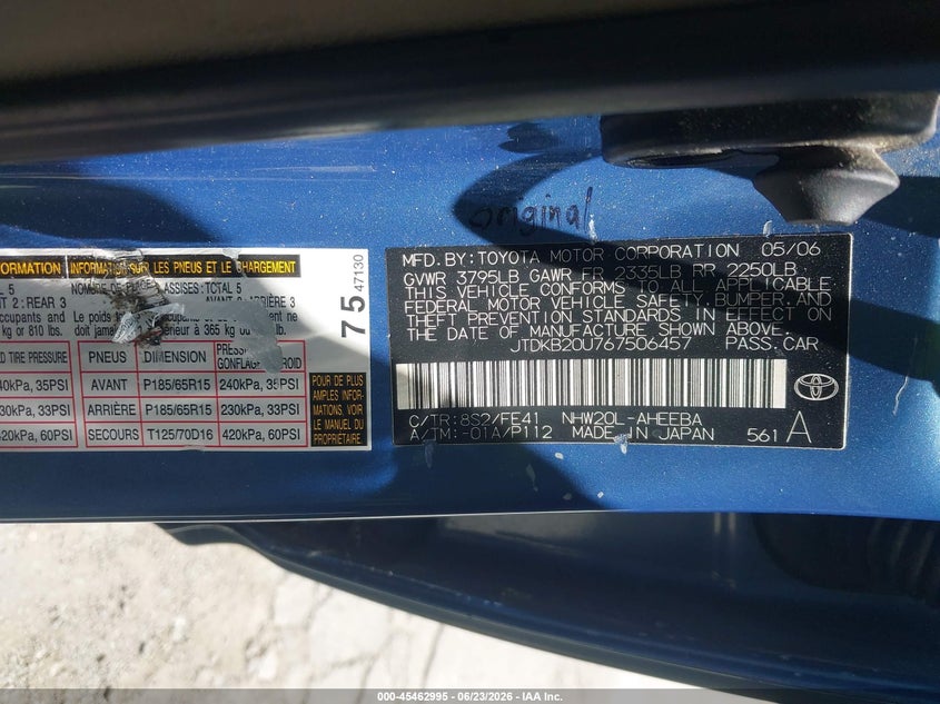2006 Toyota Prius VIN JTDKB20U767506457 IAAI salvage auction — FRONT END, Salvage (California), sold $1,050 on 2026-07-29 (photo 9)