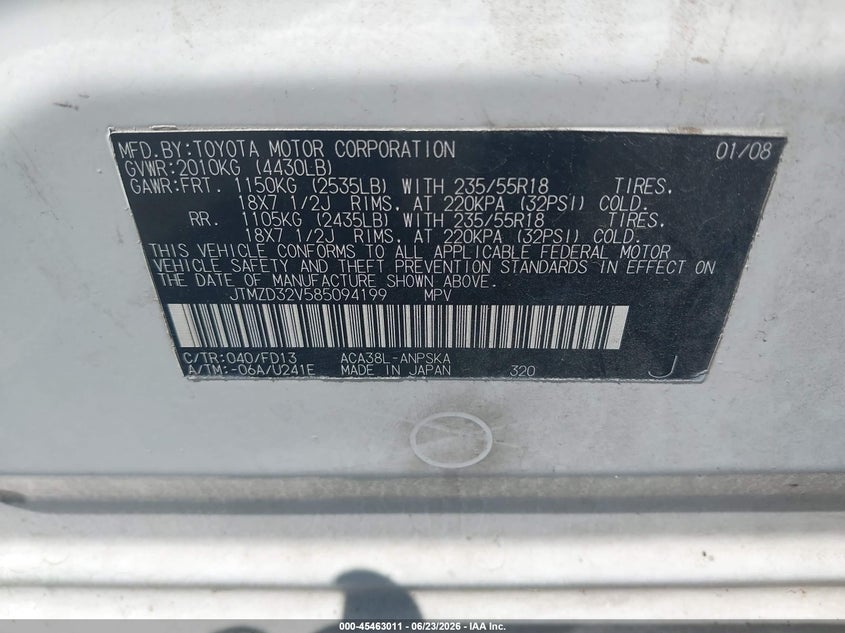 2008 Toyota Rav4 VIN JTMZD32V585094199 IAAI salvage auction — NORMAL WEAR, Salvage Title - Dealer (California), sold $1,200 on 2026-07-14 (photo 9)