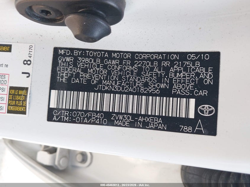 2010 Toyota Prius VIN JTDKN3DU2A0182956 IAAI salvage auction — UNKNOWN, Salvage (California), sold $1,225 on 2026-07-24 (photo 9)