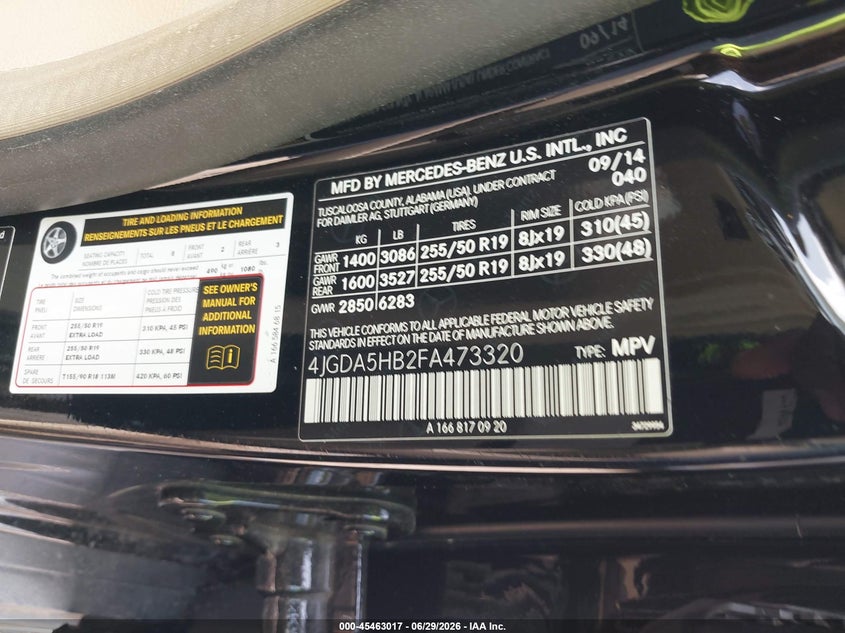 2015 Mercedes-benz M-klasse VIN 4JGDA5HB2FA473320 IAAI salvage auction — FRONT END, Salvage (Texas), sold $2,350 on 2026-07-09 (photo 9)
