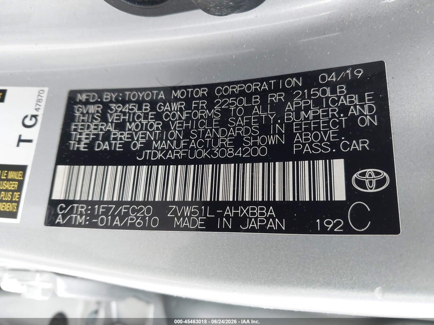 2019 Toyota Prius VIN JTDKARFU0K3084200 IAAI salvage auction — RIGHT FRONT, Salvage Title, sold $3,100 on 2026-07-29 (photo 9)