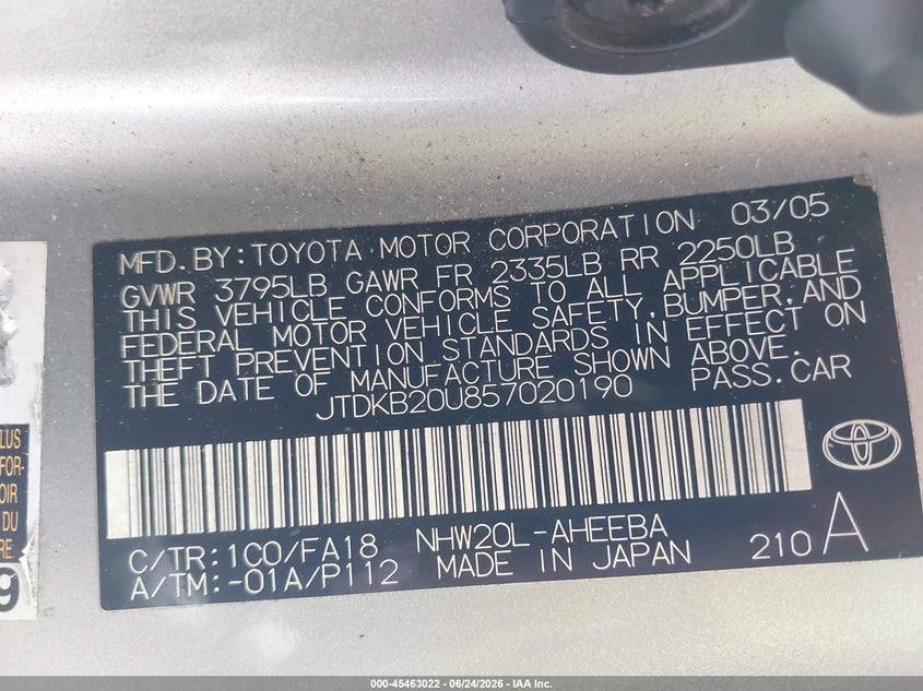 2005 Toyota Prius VIN JTDKB20U857020190 IAAI salvage auction — SIDE, Salvage (California), sold $475 on 2026-07-09 (photo 9)