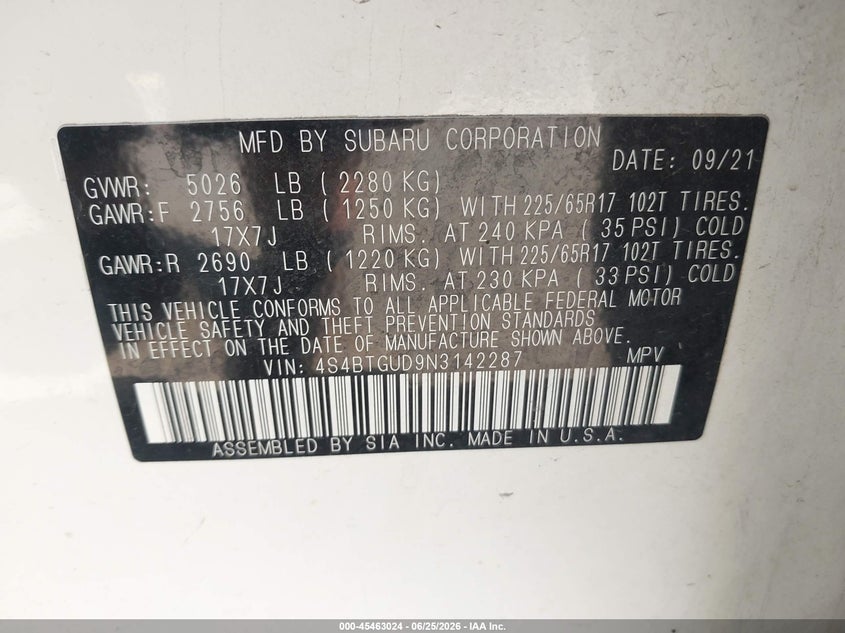 2022 Subaru Outback VIN 4S4BTGUD9N3142287 IAAI salvage auction — FRONT END, Bill Of Sale (Washington), sold $7,100 on 2026-07-28 (photo 9)