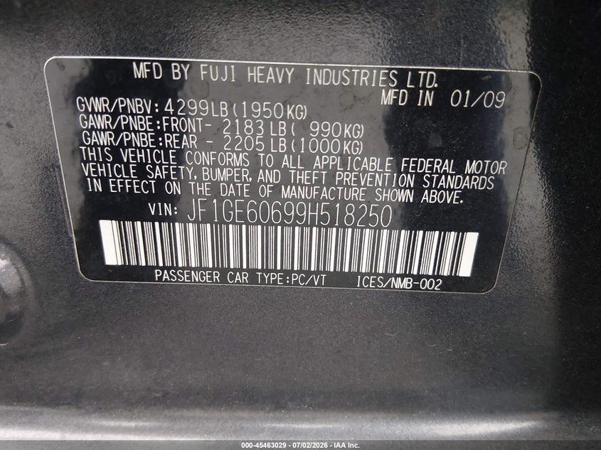 2009 Subaru Impreza VIN JF1GE60699H518250 IAAI salvage auction — REAR END, Salvage (California), sold $300 on 2026-07-30 (photo 9)
