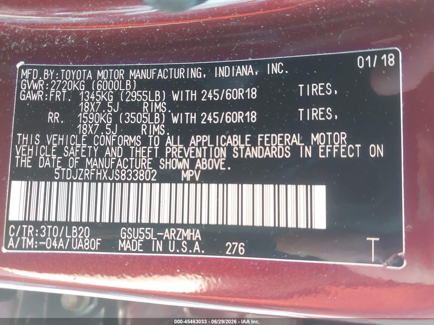 2018 Toyota Highlander VIN 5TDJZRFHXJS833802 IAAI salvage auction — LEFT SIDE, Salvage (Massachusetts), sold $7,800 on 2026-07-24 (photo 9)