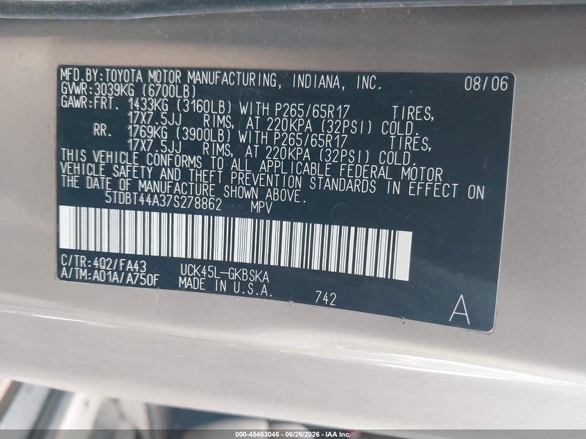 2007 Toyota Sequoia VIN 5TDBT44A37S278862 IAAI salvage auction — NORMAL WEAR, Clear - Dealer Only (California), sold $1,200 on 2026-07-08 (photo 9)