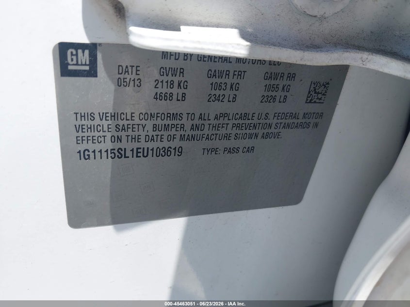 2014 Chevrolet Impala VIN 1G1115SL1EU103619 IAAI salvage auction — FRONT END, Salvage Title, sold $850 on 2026-08-01 (photo 9)
