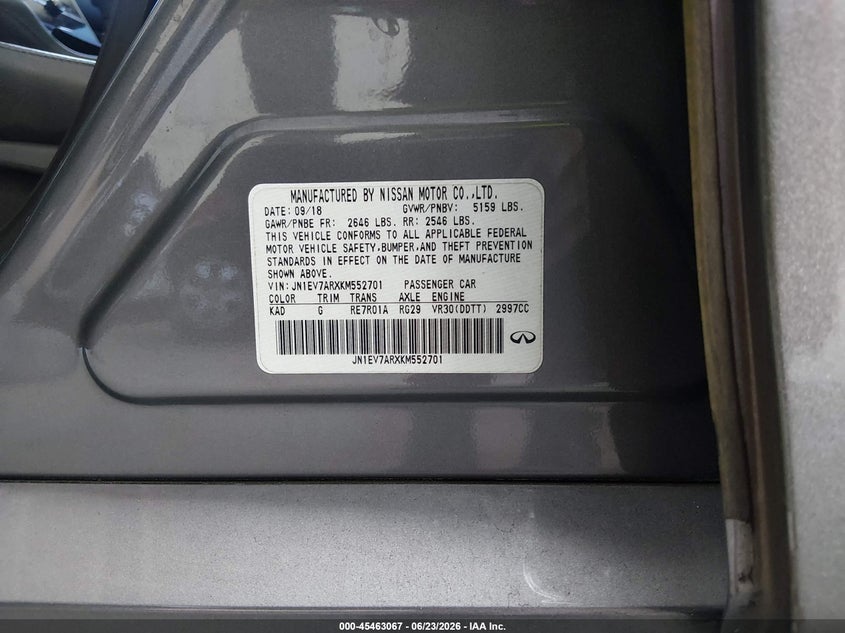 2019 Infiniti Q50 VIN JN1EV7ARXKM552701 IAAI salvage auction — NORMAL WEAR, Clear (Florida), sold $5,900 on 2026-07-22 (photo 9)