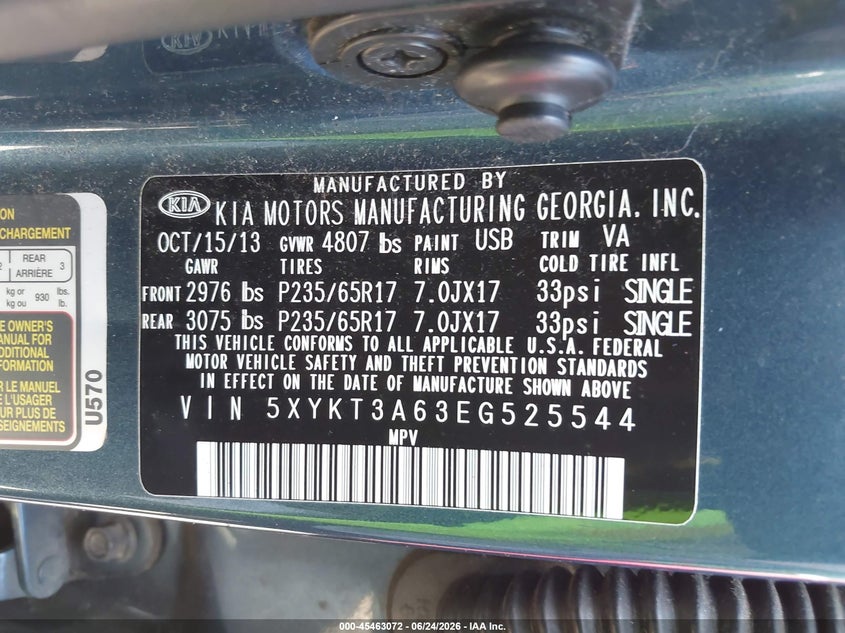 2014 Kia Sorento VIN 5XYKT3A63EG525544 IAAI salvage auction — NORMAL WEAR, Clear (Washington), sold $825 on 2026-07-22 (photo 9)