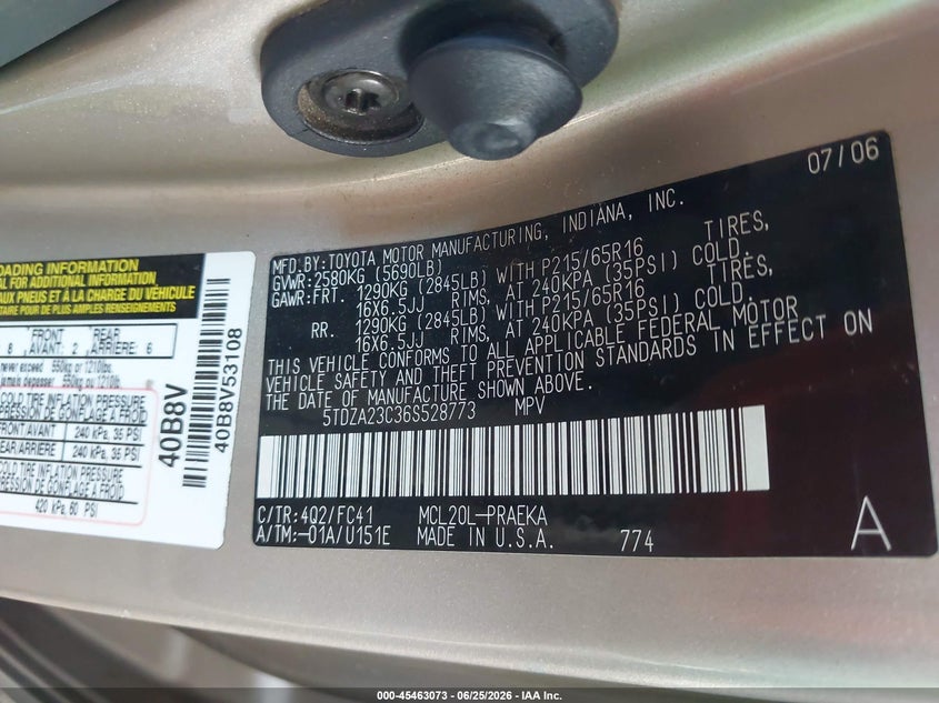 2006 Toyota Sienna VIN 5TDZA23C36S528773 IAAI salvage auction — REAR END, Salvage (Arizona), sold $575 on 2026-07-11 (photo 9)