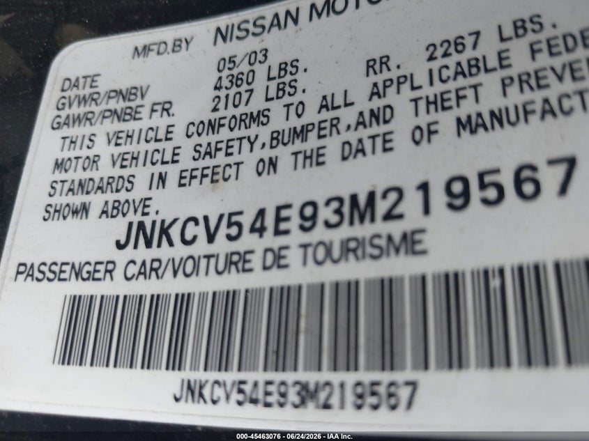 2003 Infiniti G VIN JNKCV54E93M219567 IAAI salvage auction — NORMAL WEAR, Clear - Dealer Only (California), sold $925 on 2026-07-13 (photo 9)