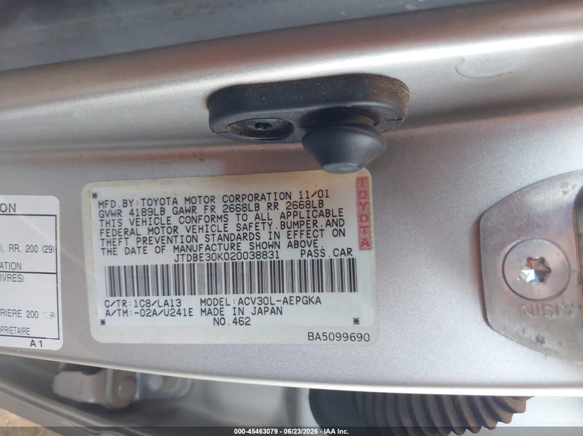 2002 Toyota Camry VIN JTDBE30K020038831 IAAI salvage auction — NORMAL WEAR, Clear (Arizona), sold $425 on 2026-07-07 (photo 9)