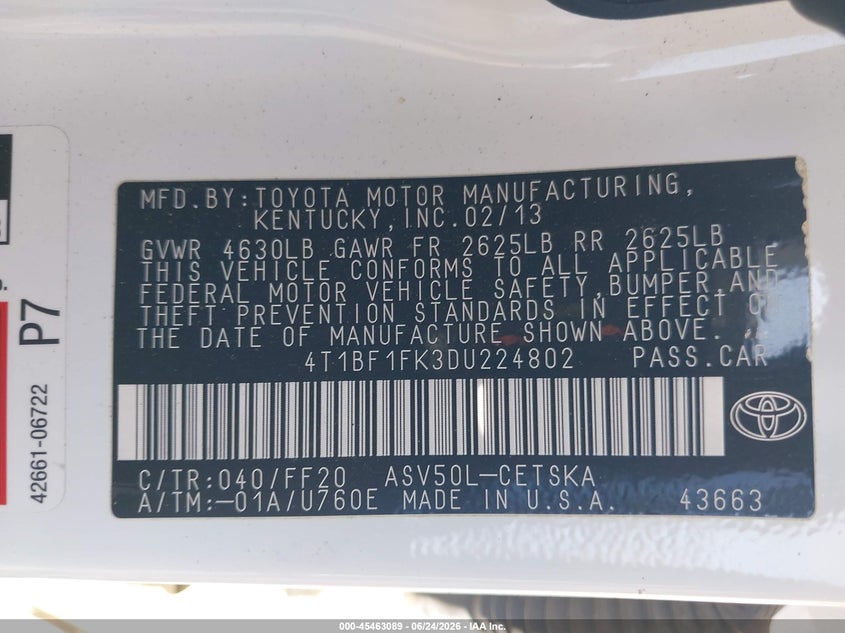 2013 Toyota Camry VIN 4T1BF1FK3DU224802 IAAI salvage auction — FRONT END, Salvage (California), sold $3,400 on 2026-07-28 (photo 9)