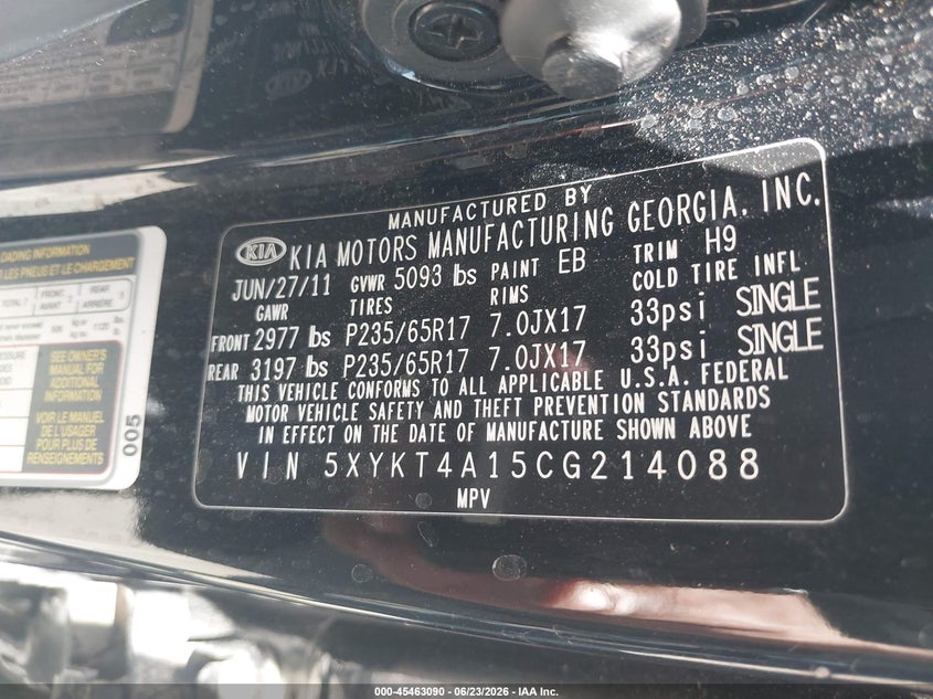 2012 Kia Sorento VIN 5XYKT4A15CG214088 IAAI salvage auction — NORMAL WEAR, Clear - Dealer Only (California), sold $1,000 on 2026-07-14 (photo 9)