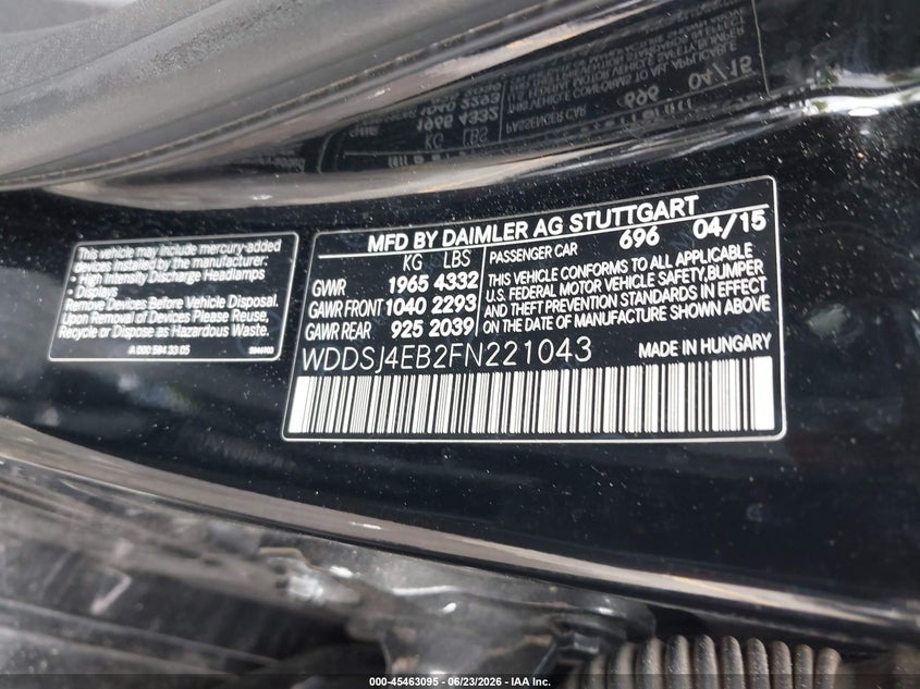 2015 Mercedes-benz Cla-klasse VIN WDDSJ4EB2FN221043 IAAI salvage auction — NORMAL WEAR, Clear (Florida), sold $950 on 2026-07-13 (photo 9)