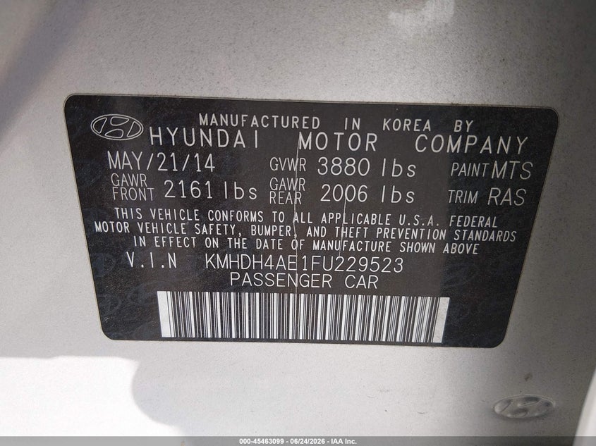2015 Hyundai Elantra VIN KMHDH4AE1FU229523 IAAI salvage auction — WATER/FLOOD, Salvage (Texas), sold $500 on 2026-07-28 (photo 9)