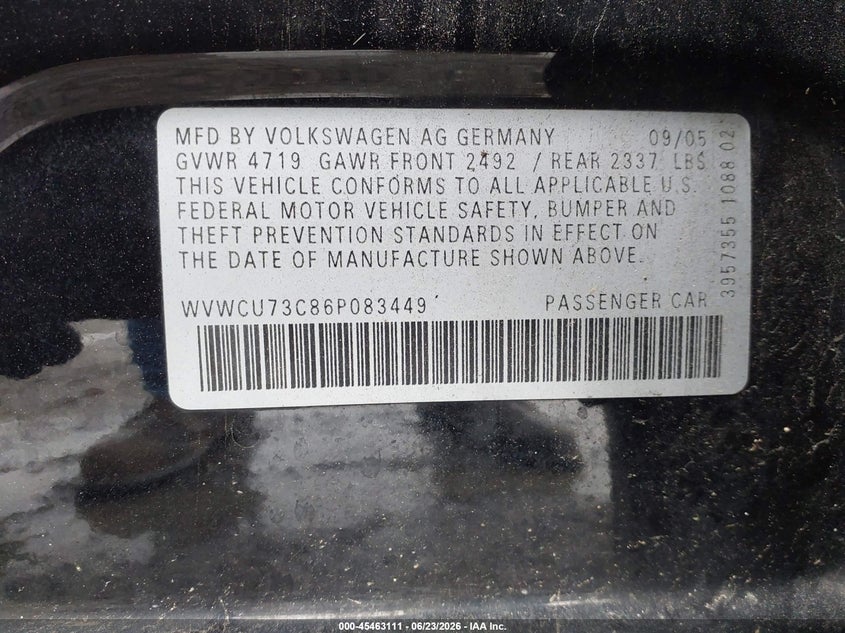 2006 Volkswagen Passat VIN WVWCU73C86P083449 IAAI salvage auction — NORMAL WEAR, Clear (Pennsylvania), sold $400 on 2026-07-23 (photo 9)