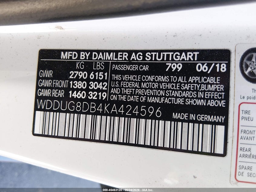 2019 Mercedes-benz S-klasse VIN WDDUG8DB4KA424596 IAAI salvage auction — RIGHT SIDE, Salvage Title, sold $5,900 on 2026-08-05 (photo 9)