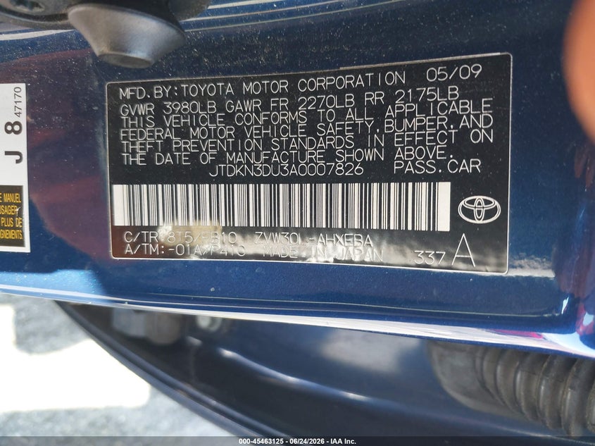 2010 Toyota Prius VIN JTDKN3DU3A0007826 IAAI salvage auction — NORMAL WEAR, Clear - Dealer Only (California), sold $750 on 2026-07-28 (photo 9)
