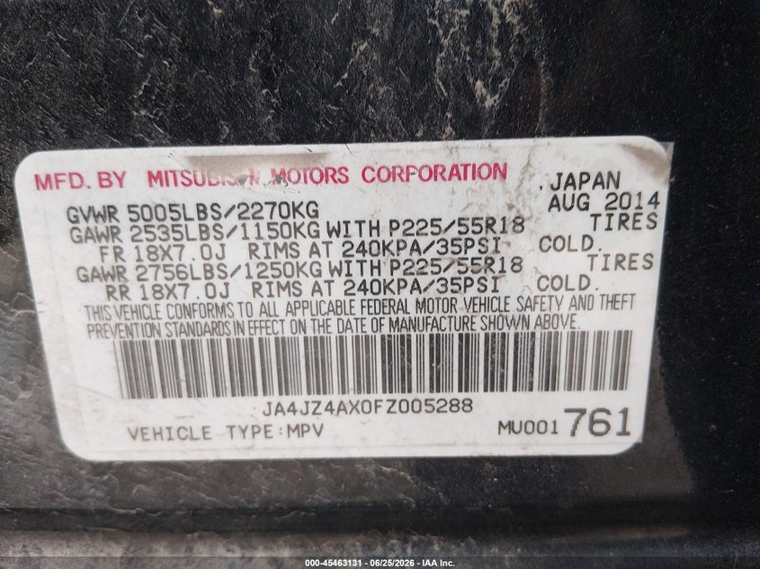 2015 Mitsubishi Outlander VIN JA4JZ4AX0FZ005288 IAAI salvage auction — FRONT & REAR, Certificate Of Title (Nebraska), sold $625 on 2026-07-30 (photo 9)