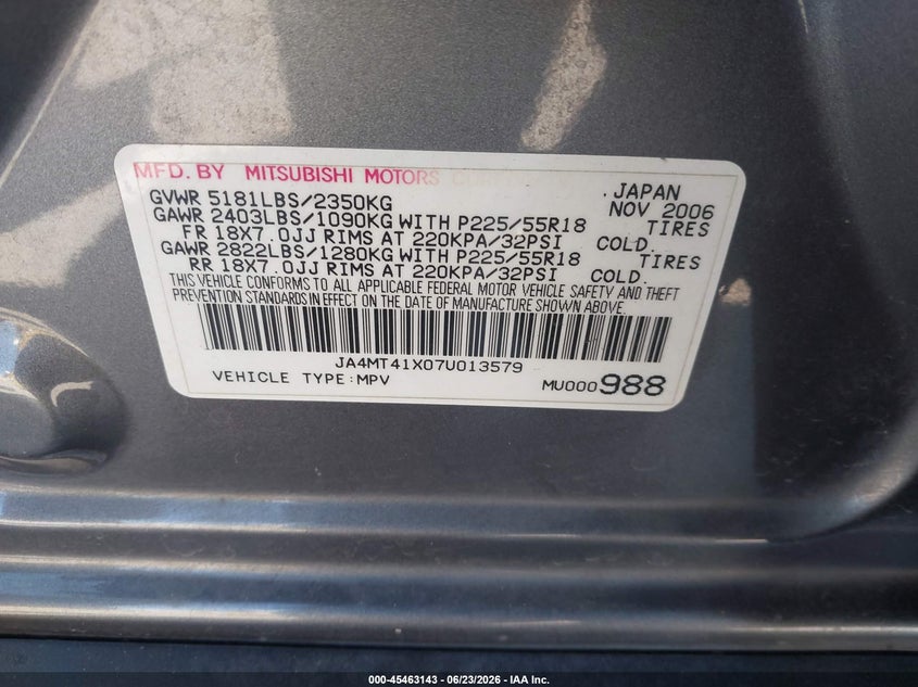 2007 Mitsubishi Outlander VIN JA4MT41X07U013579 IAAI salvage auction — FRONT END, Salvage (California), sold $300 on 2026-07-10 (photo 9)