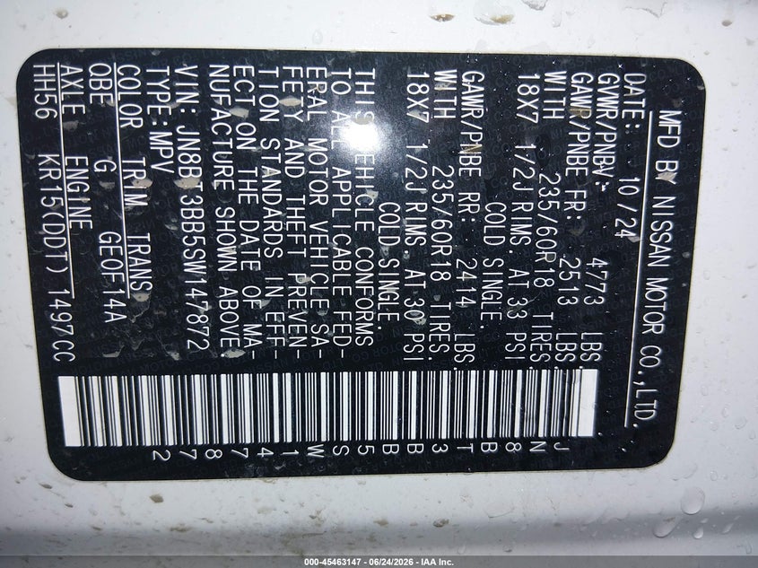 2025 Nissan Rogue VIN JN8BT3BB5SW147872 IAAI salvage auction — LEFT FRONT, Salvage Title, sold $6,100 on 2026-07-24 (photo 9)